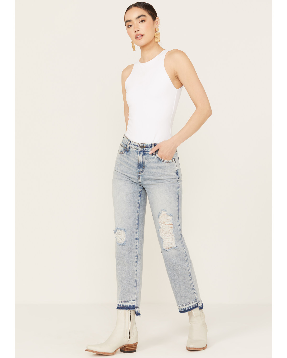 Cleo + Wolf Women's Light Wash High Rise Straight Cropped Jeans