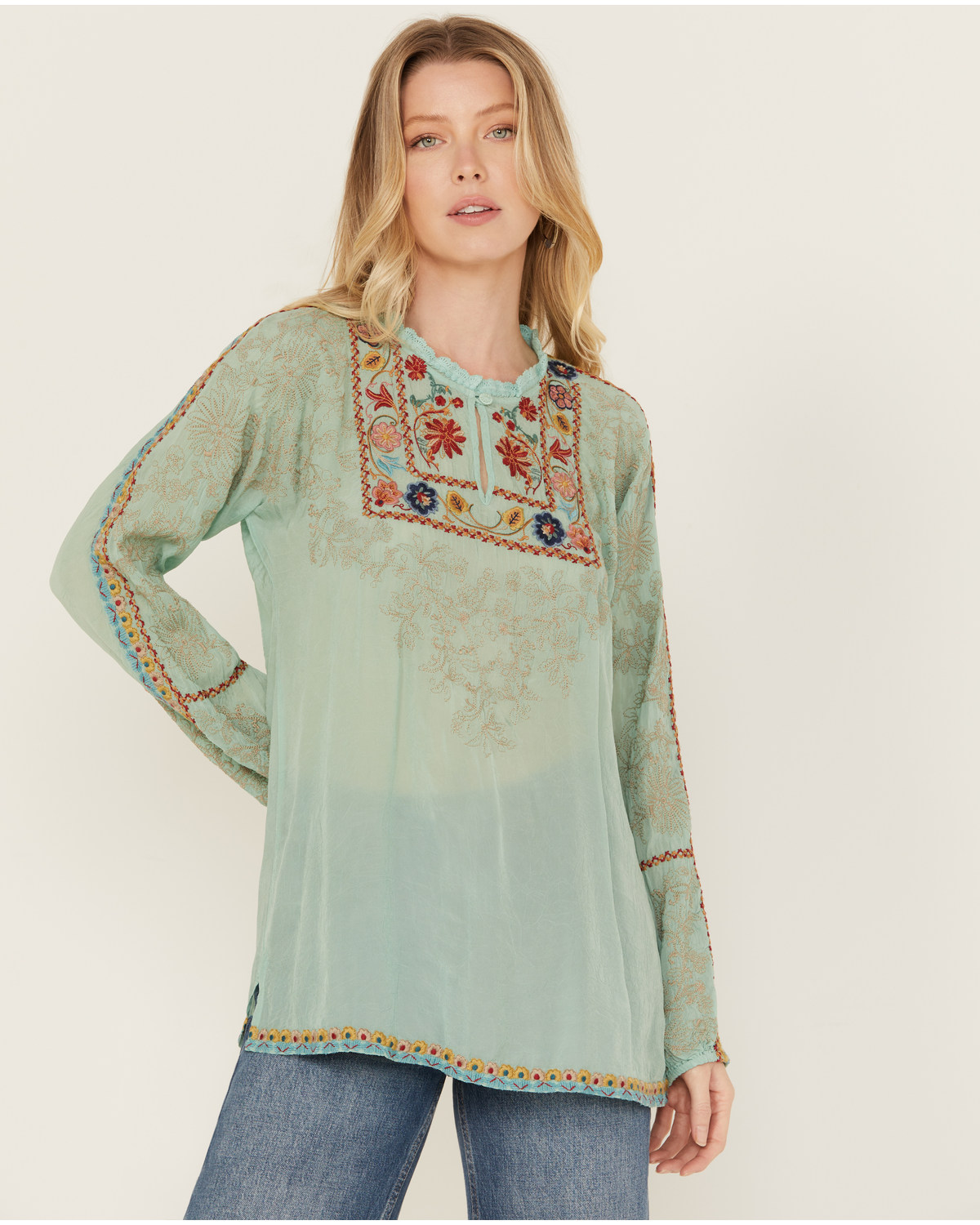 Johnny Was Women's Light Wash Floral Embroidered Cropped