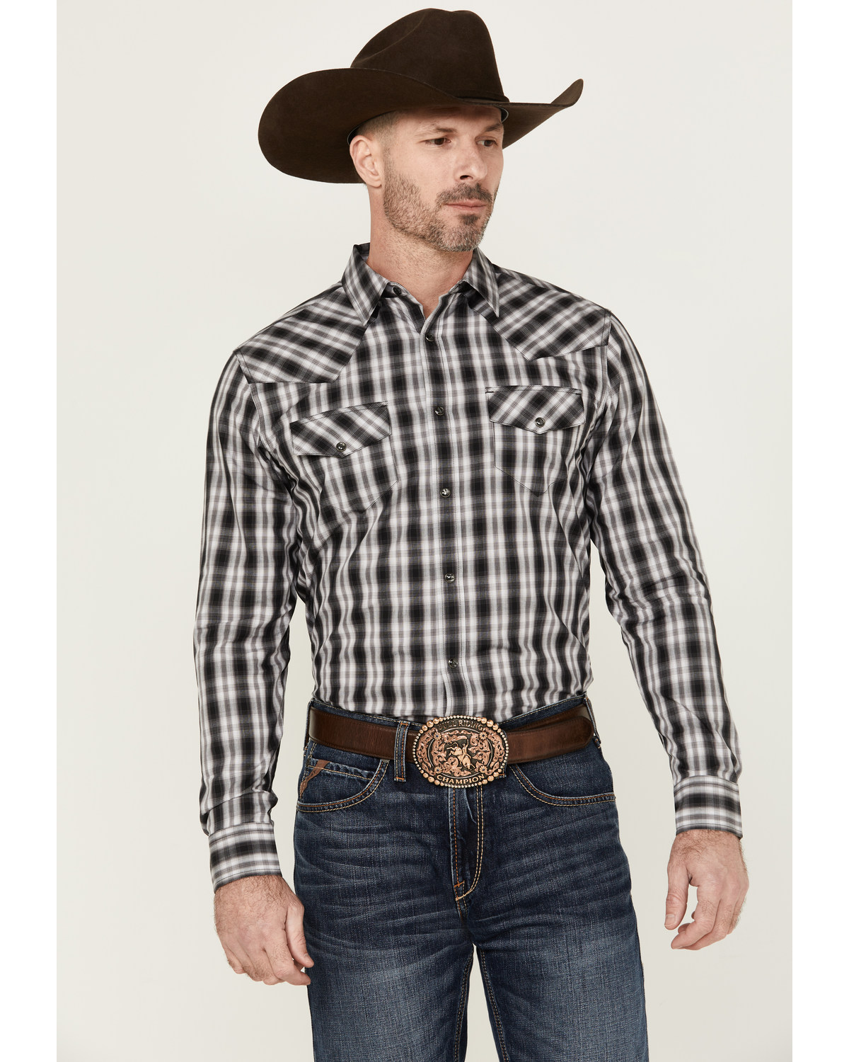 Gibson Men's Black Smoke Plaid Print Long Sleeve Snap Western Shirt